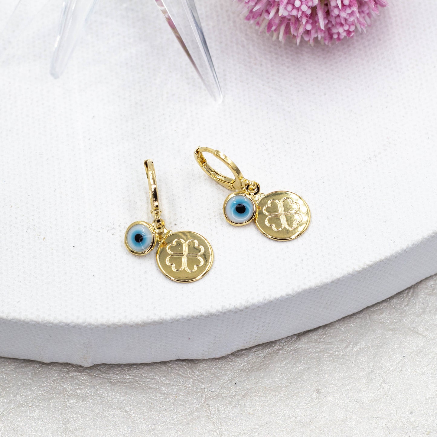 Four Leaf and Evil Eye Huggie Earrings