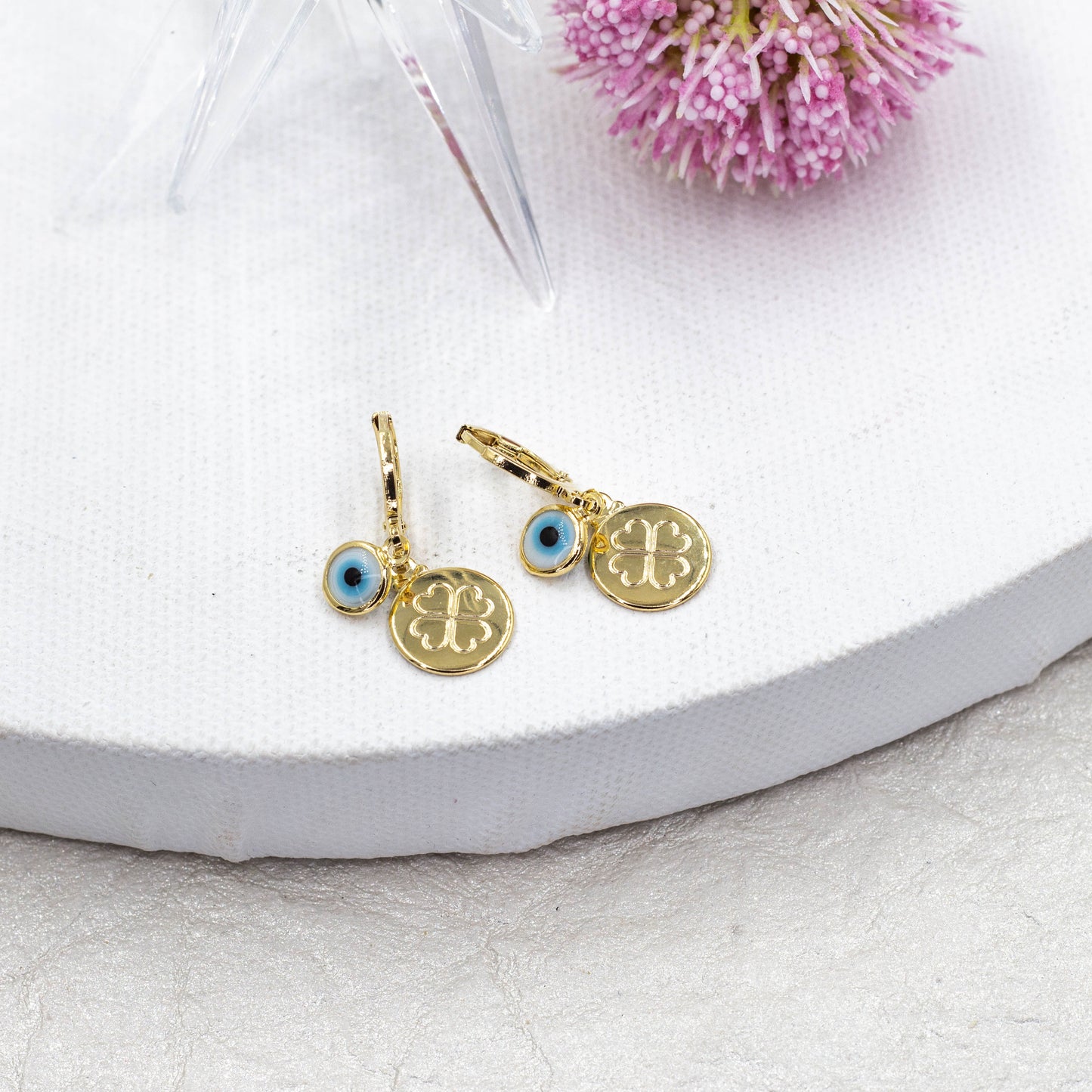 Four Leaf and Evil Eye Huggie Earrings