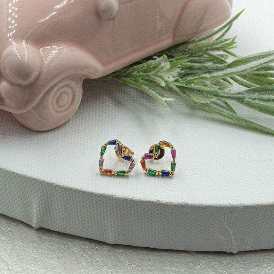 Colorful Heart Baguette Stud Earrings