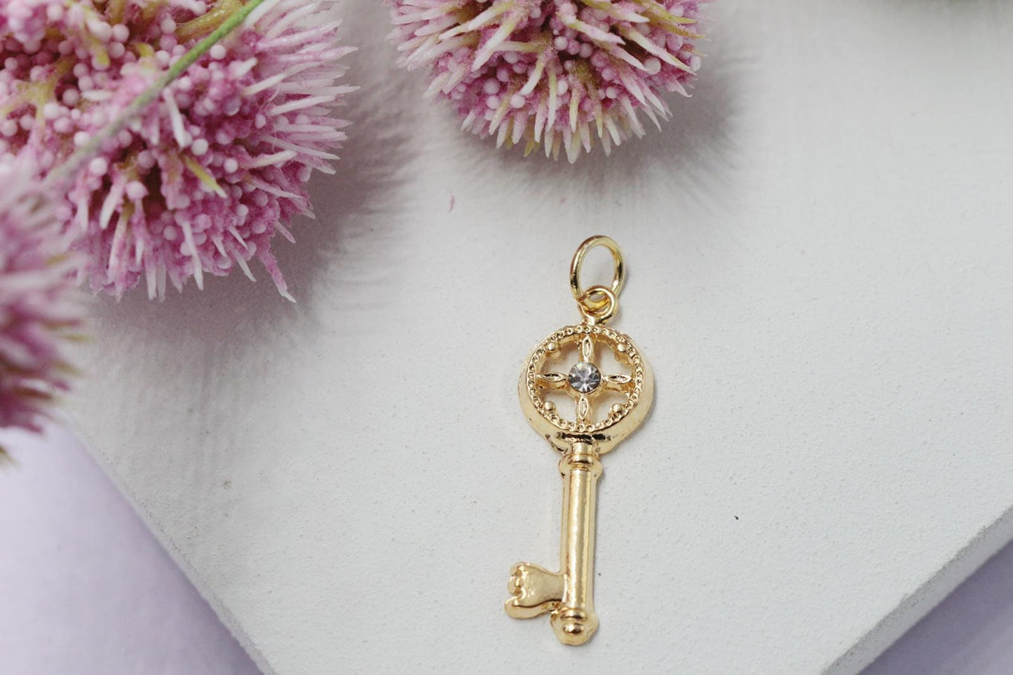 Vintage Key with Cubic Zirconia Stone Pendant