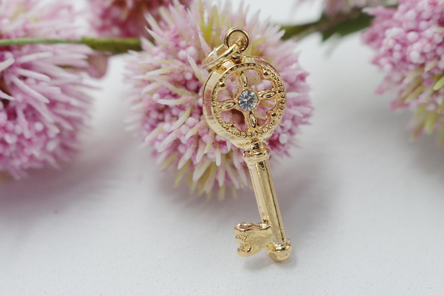 Vintage Key with Cubic Zirconia Stone Pendant