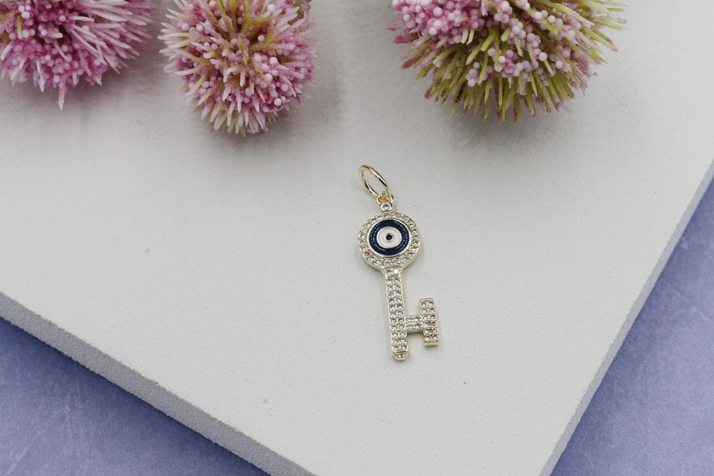 Cubic Zirconia Key with White & Blue Detail Pendant