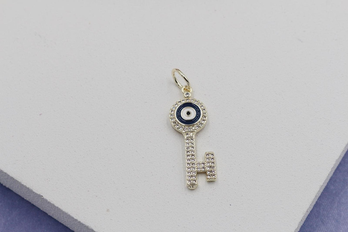 Cubic Zirconia Key with White & Blue Detail Pendant