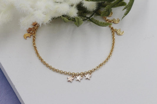 Three Tones Stars, Rose & Moon Crescent Charms Anklet