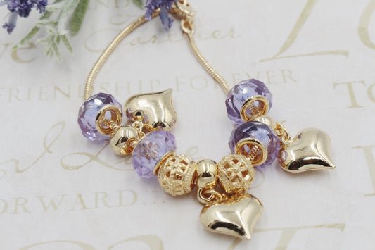 Heart and Lilac Oval Shaped Charms Pendant Bracelet