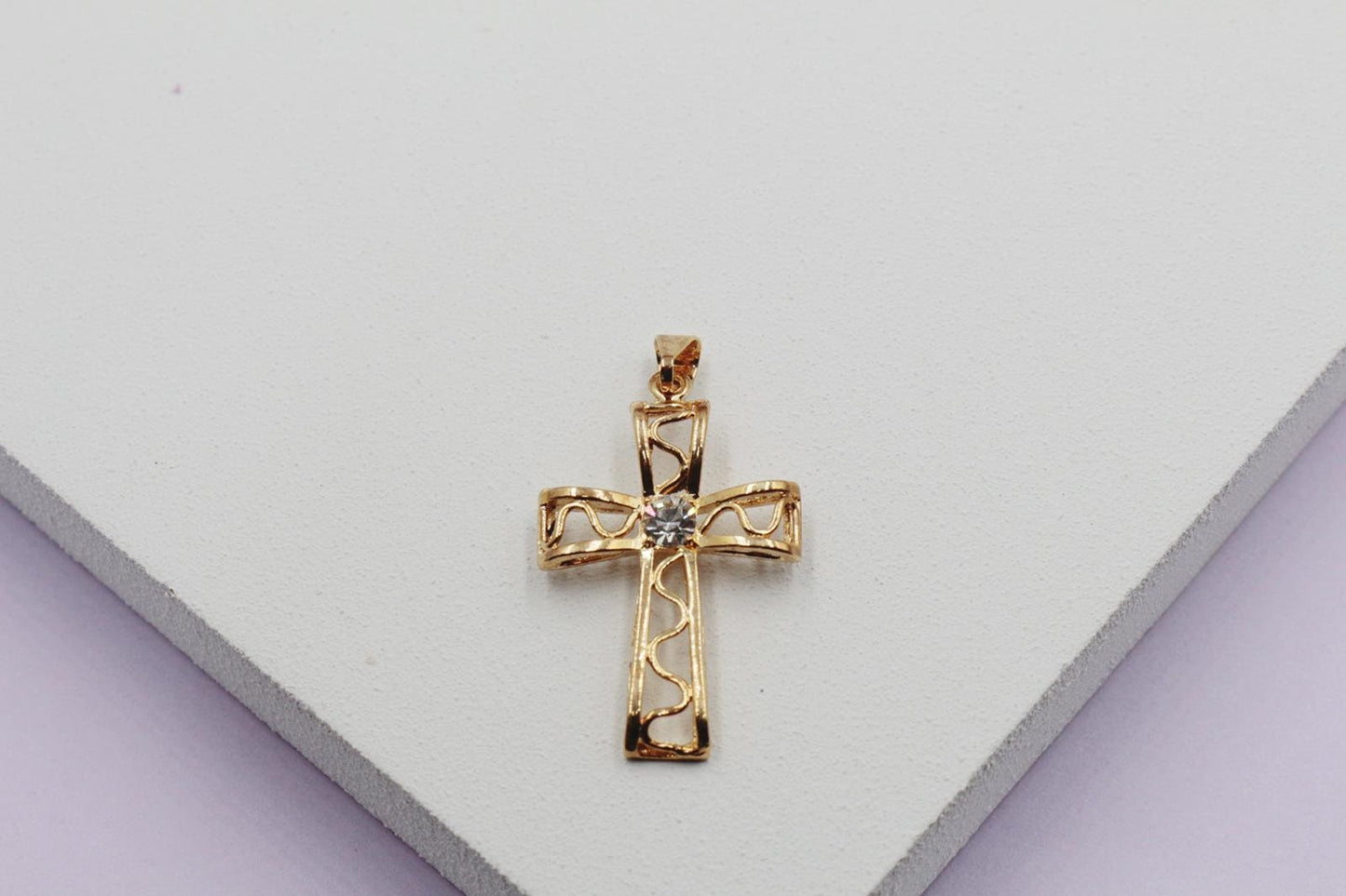 Open Swirl Detail Cross with Cubic Zirconia Stone