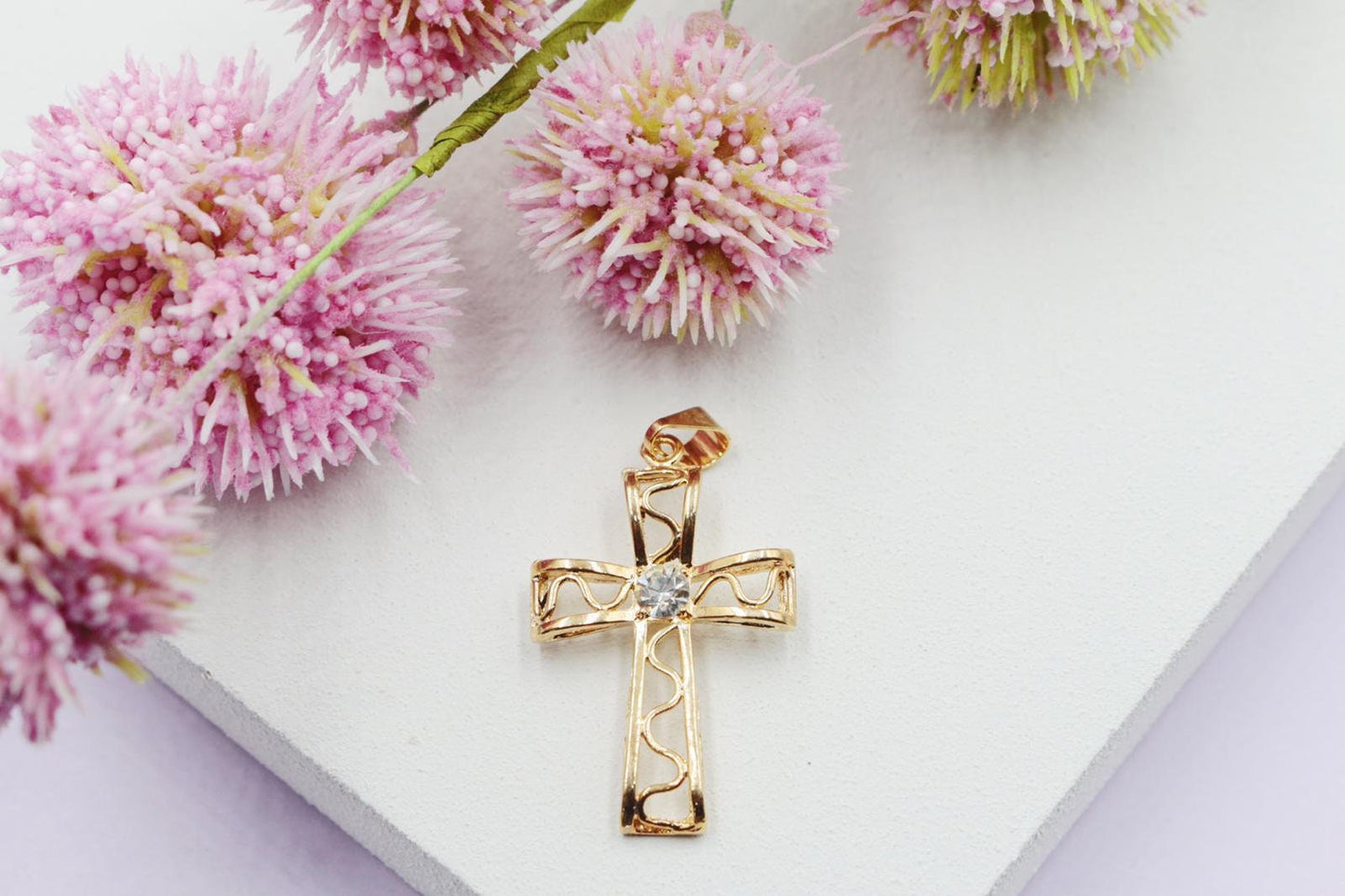 Open Swirl Detail Cross with Cubic Zirconia Stone