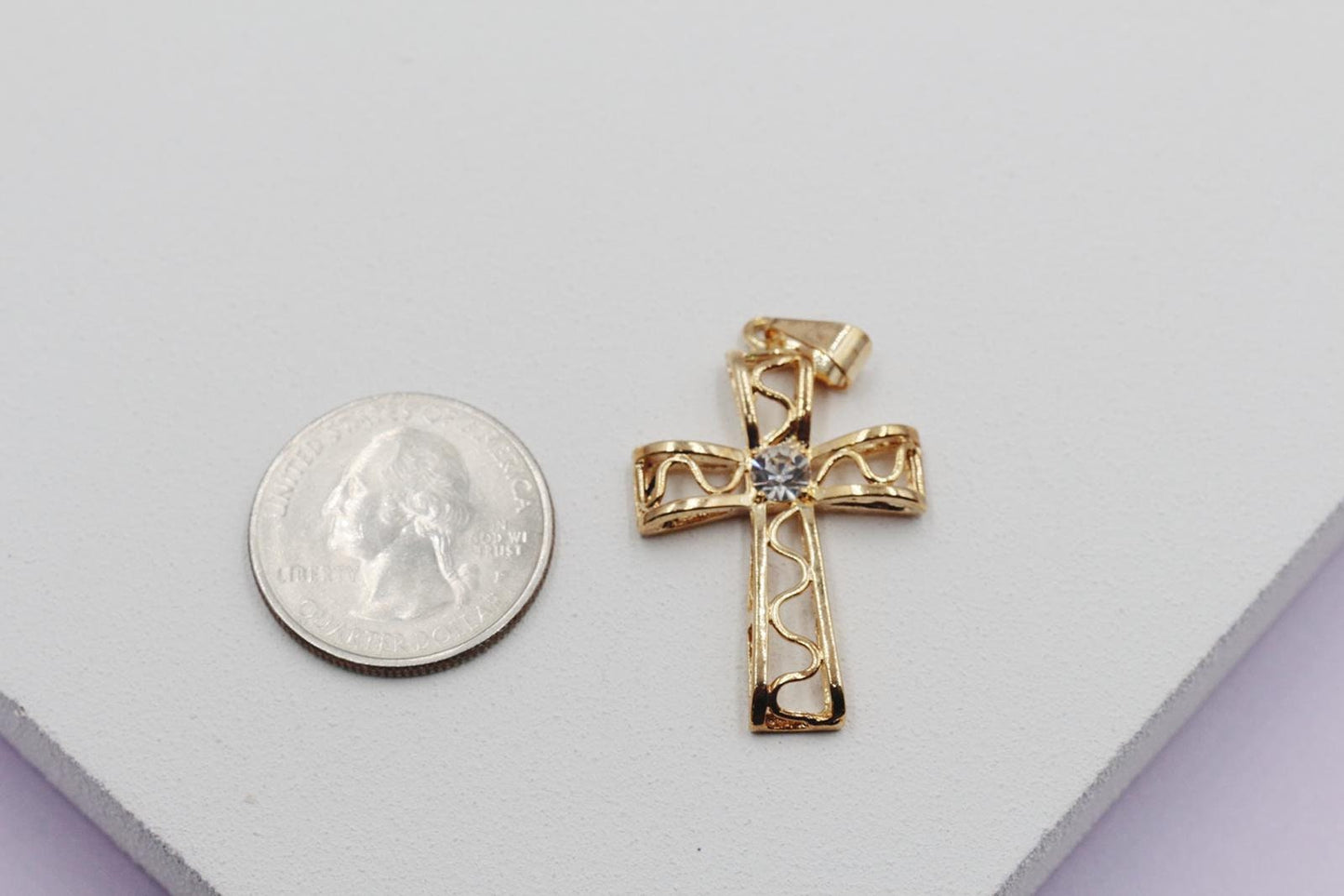 Open Swirl Detail Cross with Cubic Zirconia Stone