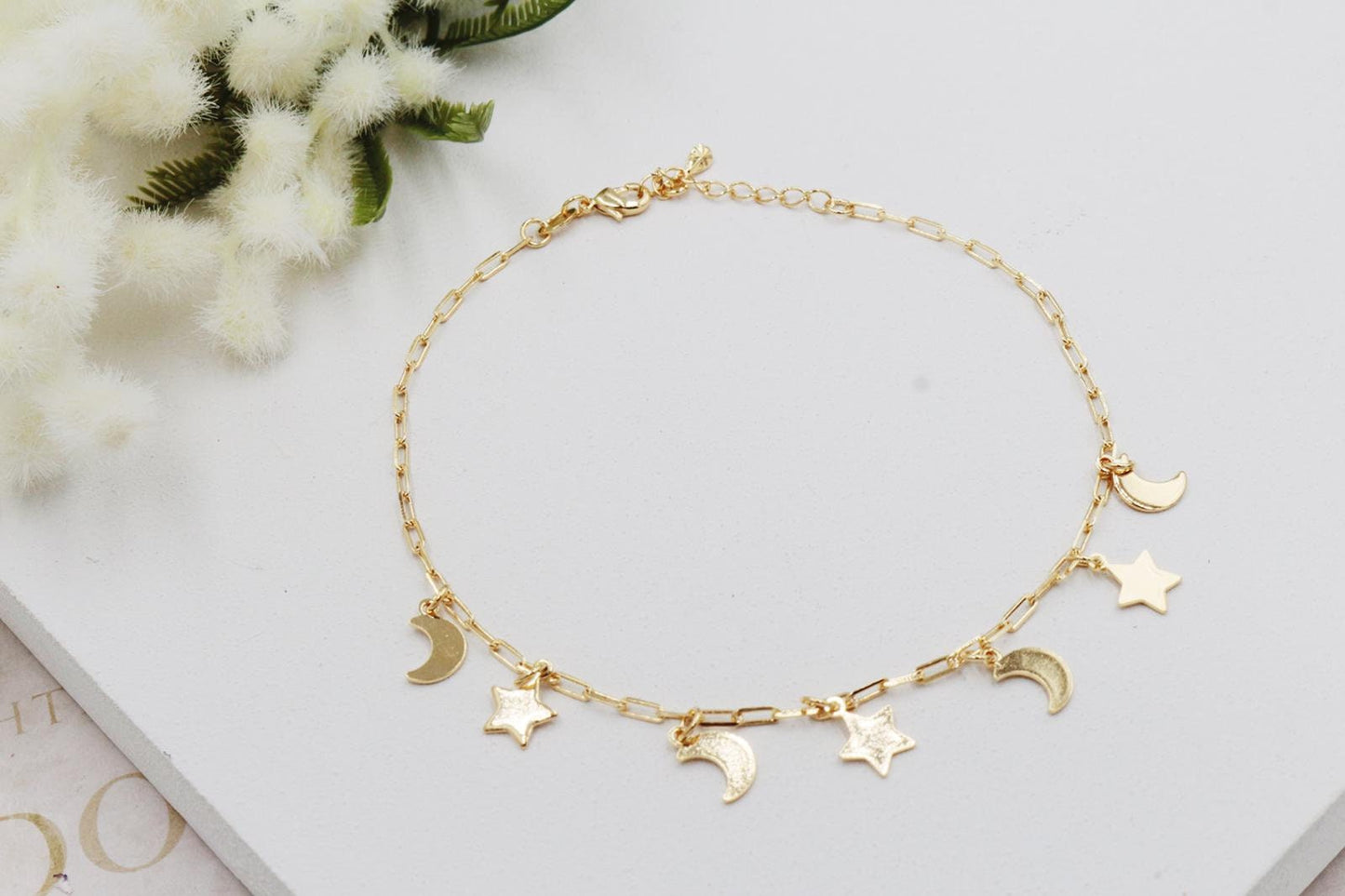 Dainty Star and Moon Crescent Charms PaperClip Anklet