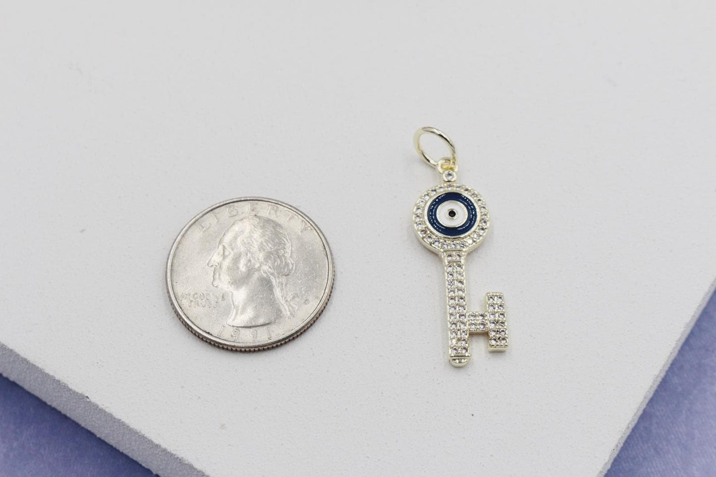 Cubic Zirconia Key with White & Blue Detail Pendant