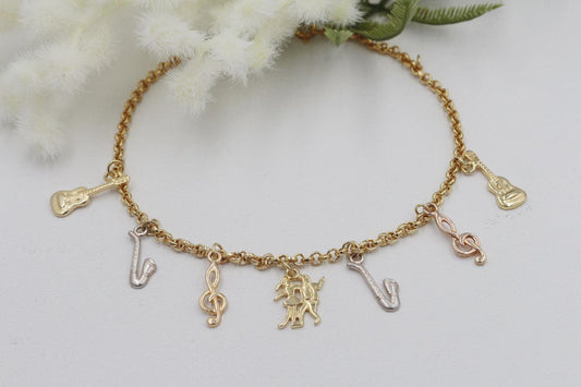 Three Tone Gold Musical Charms Anklet