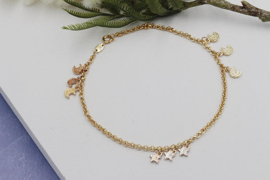 Three Tones Stars, Rose & Moon Crescent Charms Anklet