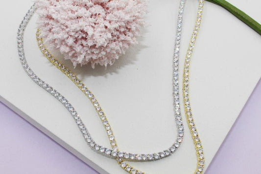 Gold Filled or Rhodium Plated Tennis Cubic Zirconia Necklace 3mm