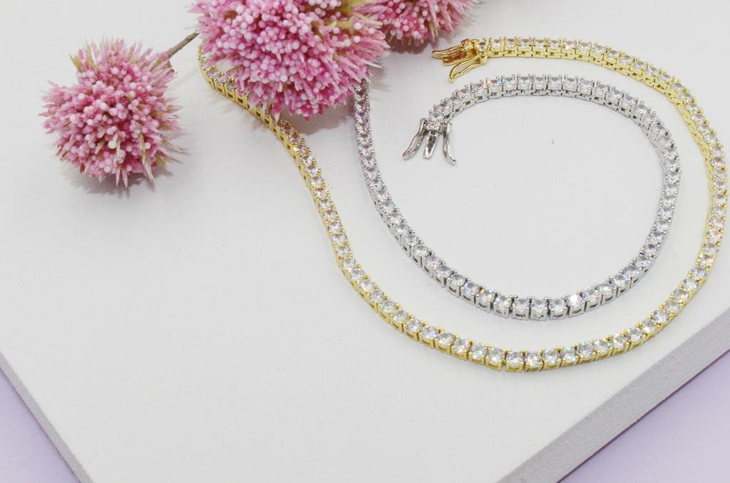 Gold Filled or Rhodium Plated Tennis Cubic Zirconia Necklace 3mm