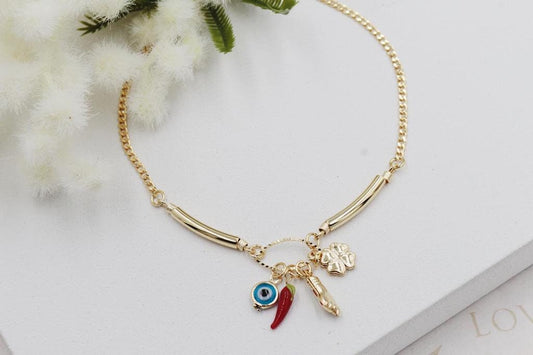 Evil Eye, Chili Pepper, Figa Hand, Four Leaf Clover Pendants Anklet