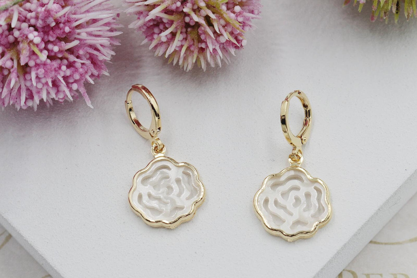 White Flower Detail Huggies Earrings