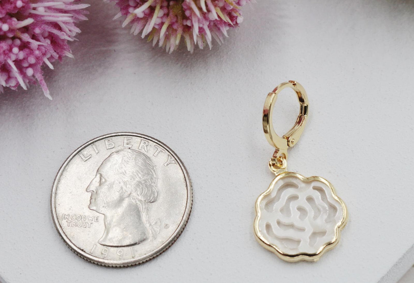 White Flower Detail Huggies Earrings