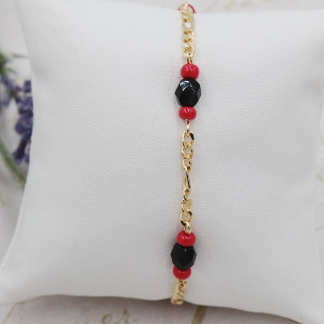 Black and Red Charms Figaro Chain Bracelet