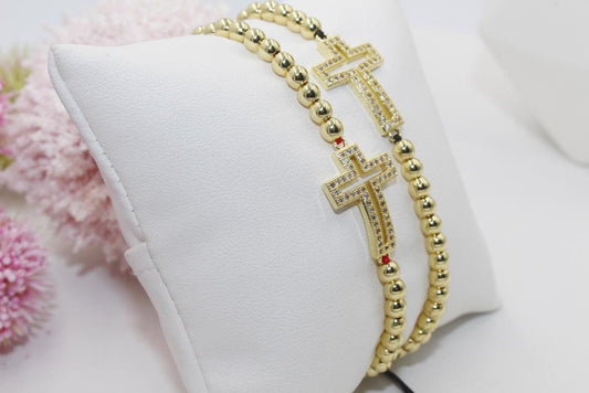 Beaded Bracelet with Cubic Zirconia Open Cross Pendant