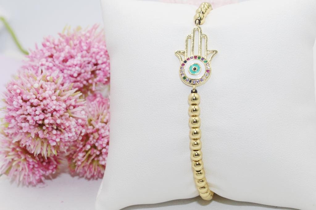 Beaded Bracelet with Cubic Zirconia Hamsa Hand Pendant