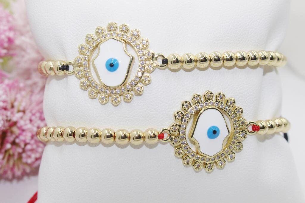 Beaded Bracelet with Cubic Zirconia Evil Eye Hamsa Medallion