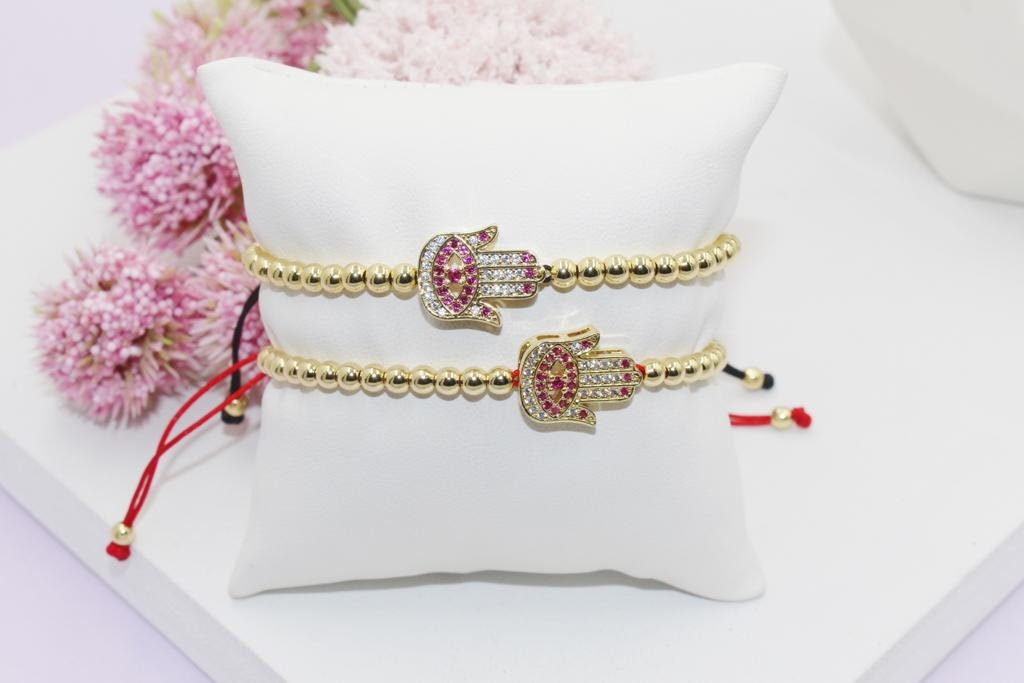 Beaded Bracelet with Pink Cubic Zirconia Hand Pendant