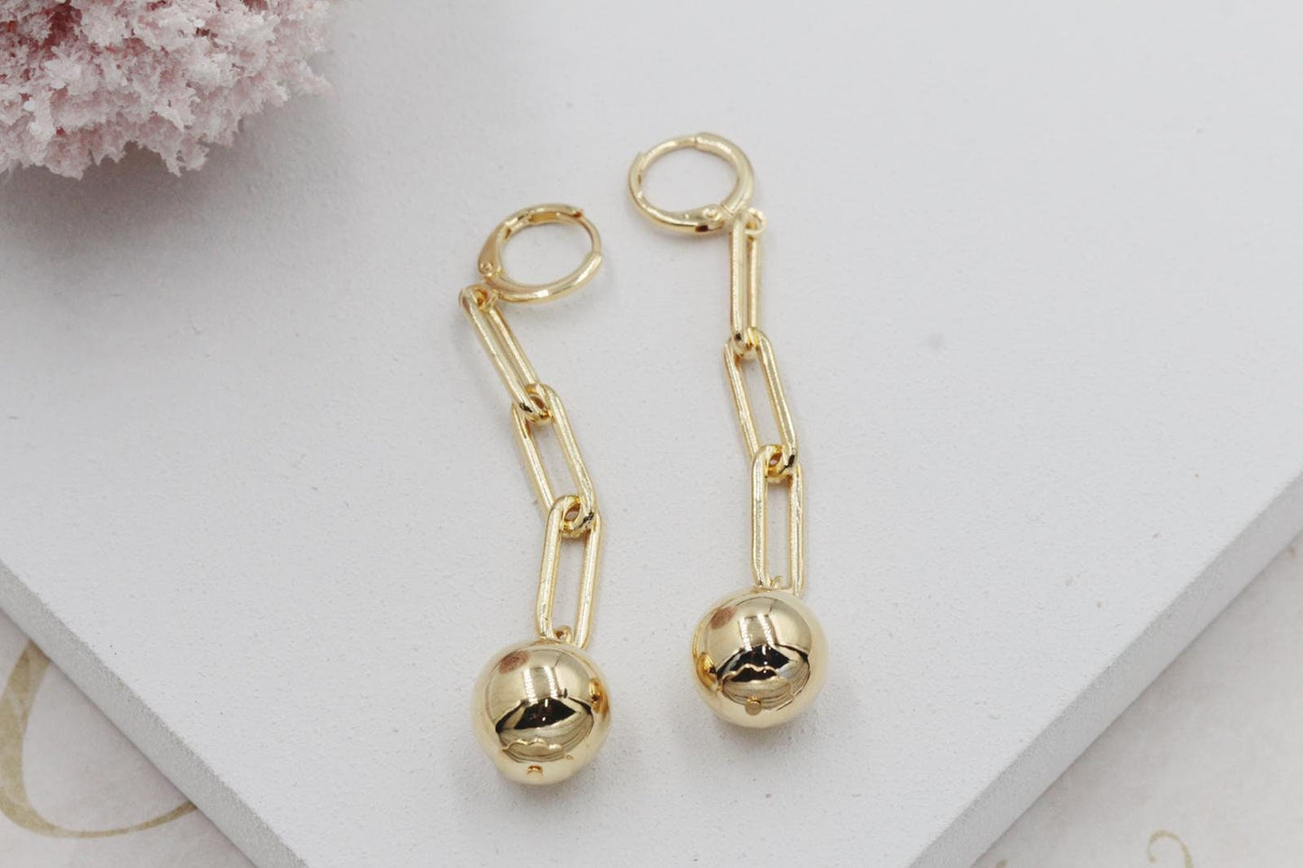 Paper Clip Link with Ball Detail Huggies Earrings