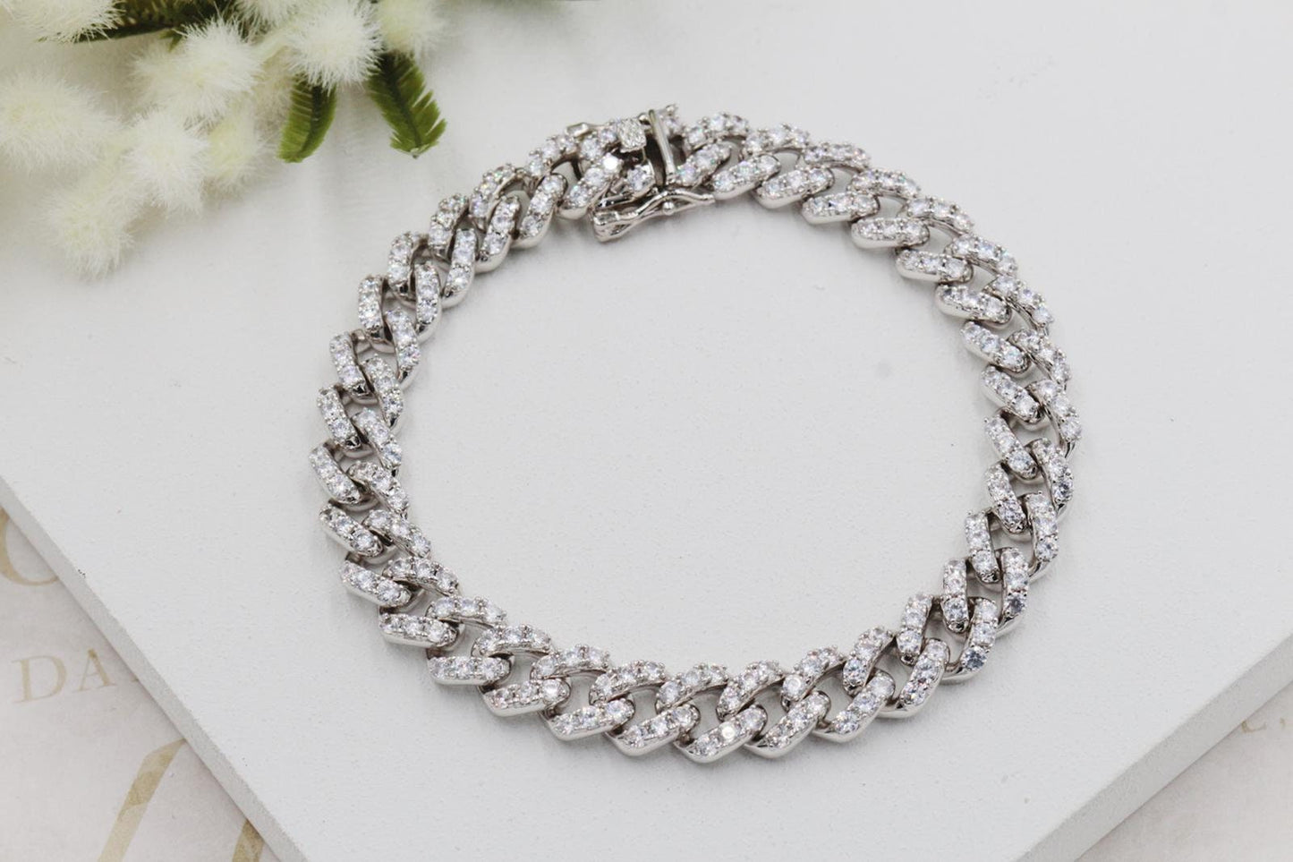 Cubic Zirconia Cuban Link Chain Anklet with Open Box Clasp