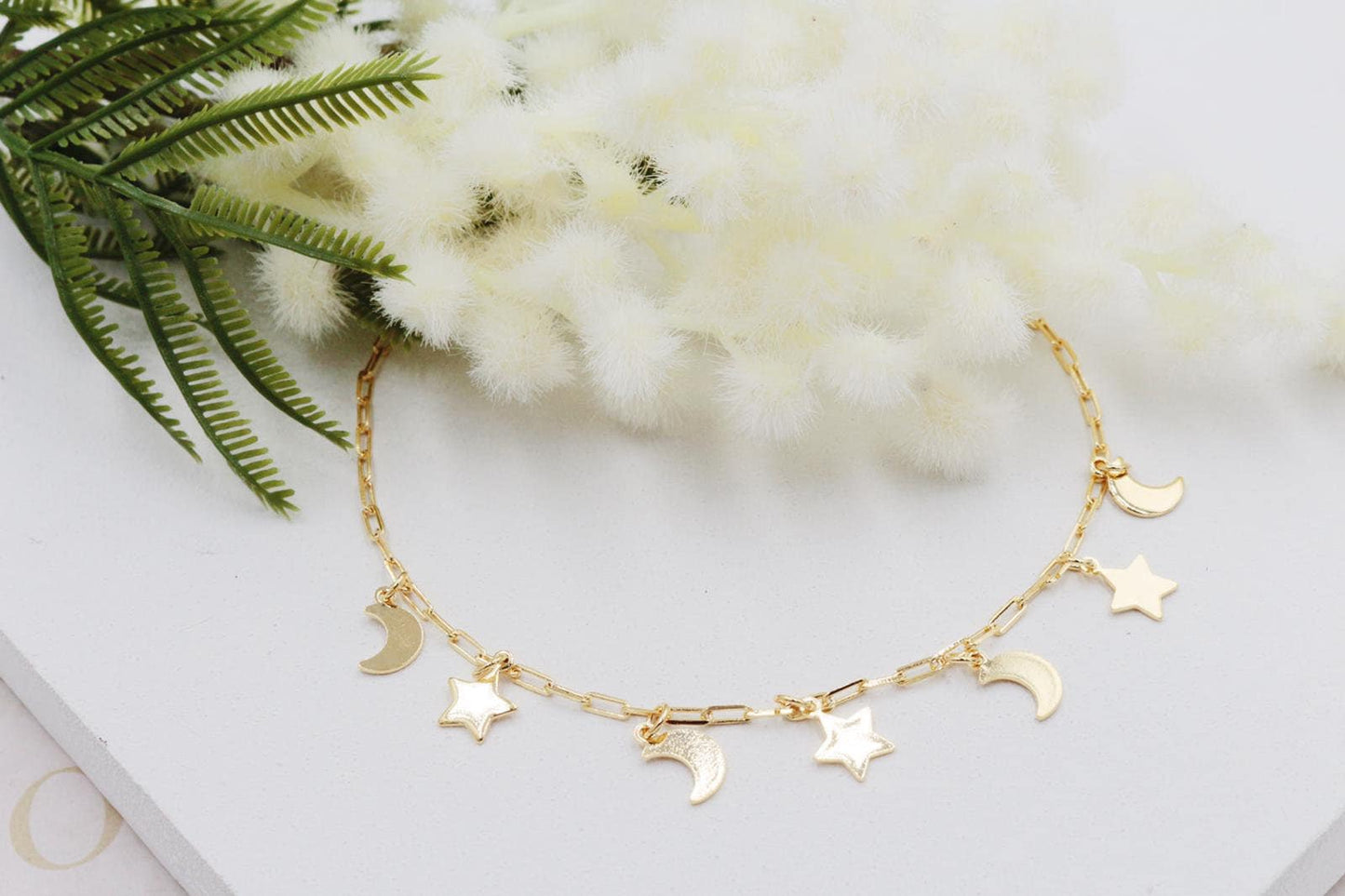 Dainty Star and Moon Crescent Charms PaperClip Anklet