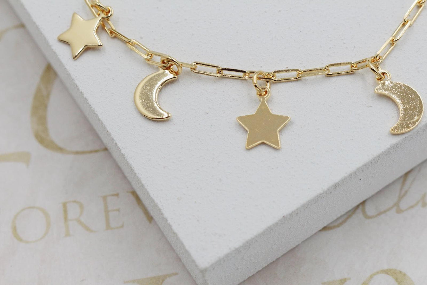 Dainty Star and Moon Crescent Charms PaperClip Anklet