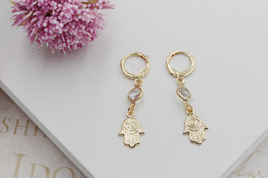 Hamsa Hand with Cubic Zirconia Detail Huggies Earrings