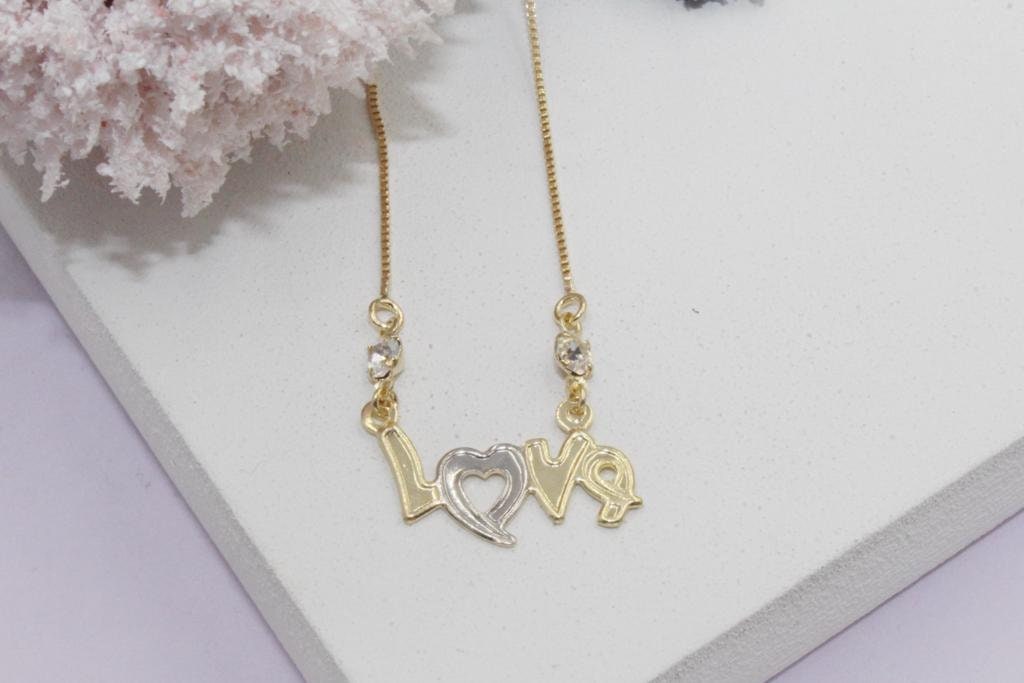 Two Tone "Love"  Plaque Cubic Zirconia Stone Accents Box Chain Necklace