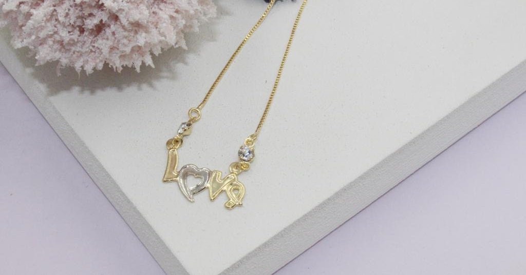 Two Tone "Love"  Plaque Cubic Zirconia Stone Accents Box Chain Necklace