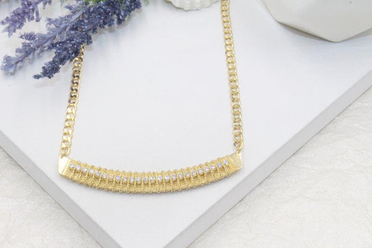 Gold Threaded Cubic Zirconia Accents Cuban Link Chain Necklace