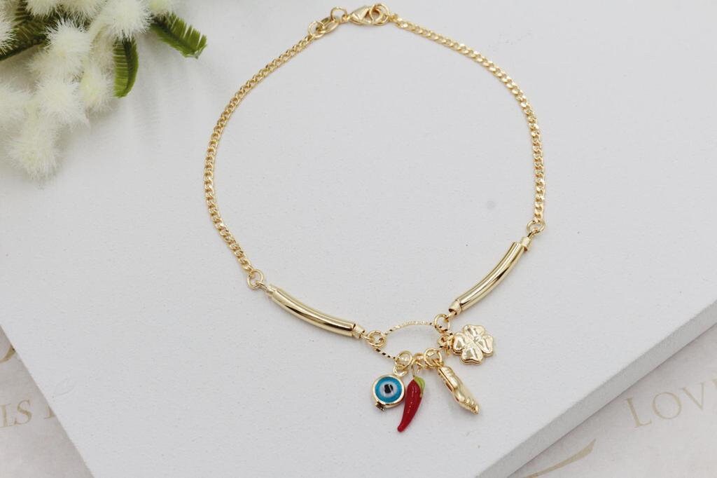 Evil Eye, Chili Pepper, Figa Hand, Four Leaf Clover Pendants Anklet