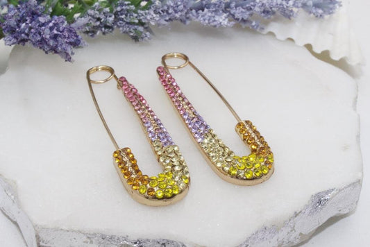 Colorful Cubic Zirconia Safety Pin Earrings