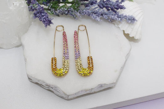 Colorful Cubic Zirconia Safety Pin Earrings