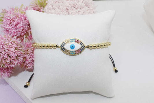 Beaded Bracelet with Colorful Cubic Zirconia Eye Pendant