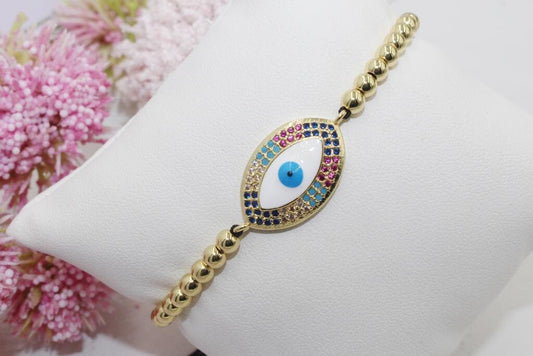 Beaded Bracelet with Colorful Cubic Zirconia Eye Pendant