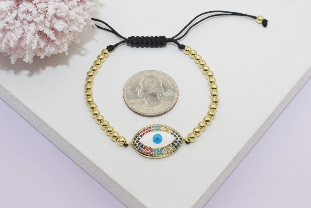 Beaded Bracelet with Colorful Cubic Zirconia Eye Pendant