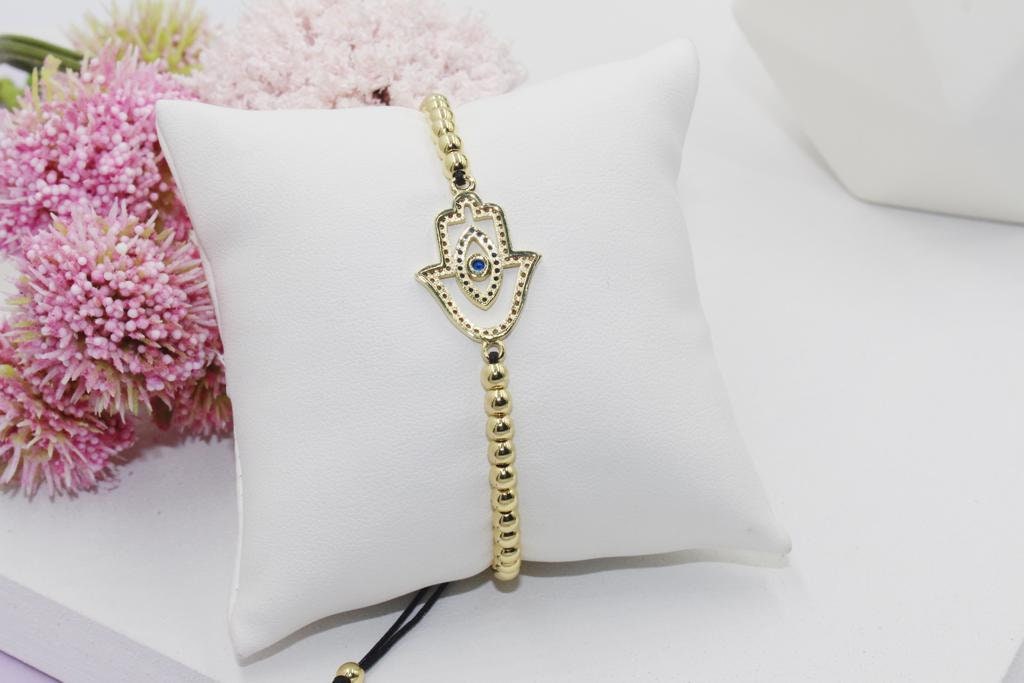 Beaded Bracelet with Cubic Zirconia Hamsa Hand  Pendant