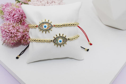 Beaded Bracelet with Colorful Cubic Zirconia Eye  Pendant