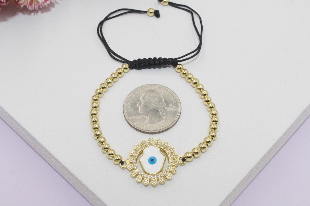 Beaded Bracelet with Cubic Zirconia Evil Eye Hamsa Medallion