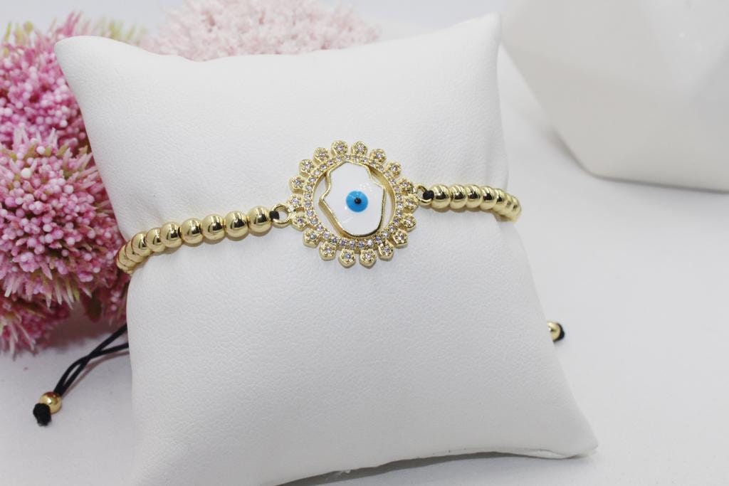 Beaded Bracelet with Cubic Zirconia Evil Eye Hamsa Medallion