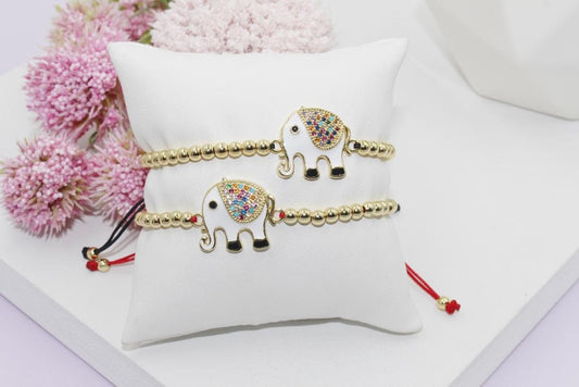 Beaded Bracelet with Colorful Cubic Zirconia Elephant Pendant