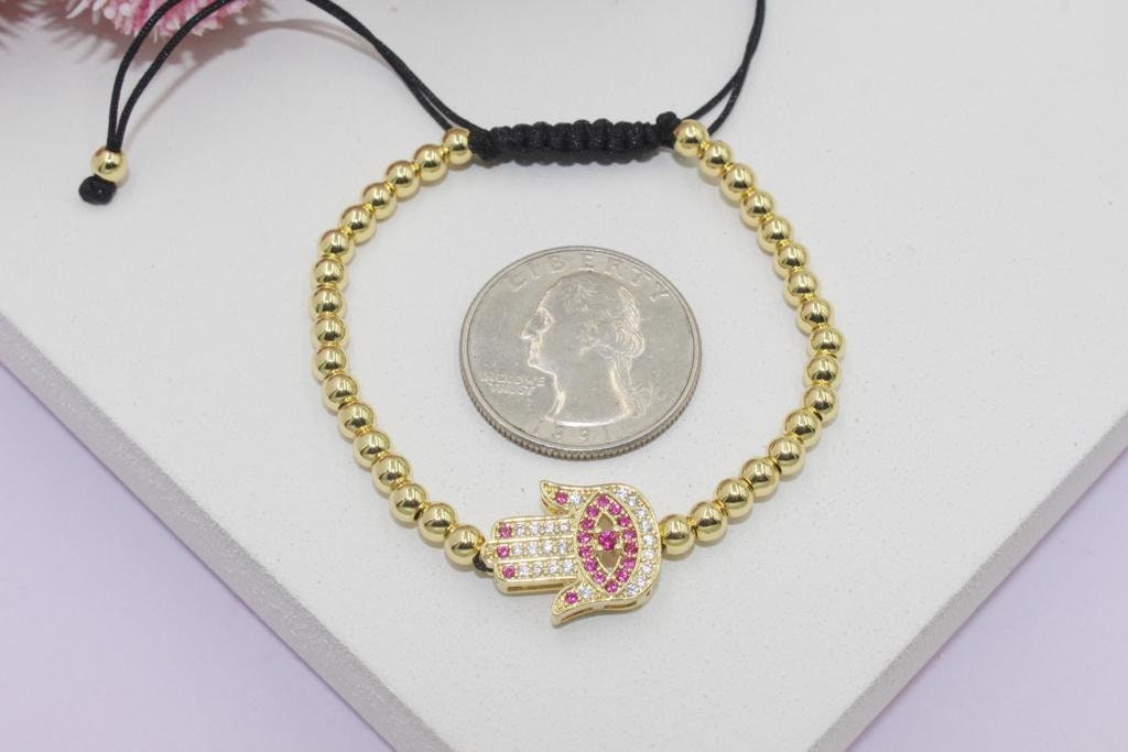 Beaded Bracelet with Pink Cubic Zirconia Hand Pendant