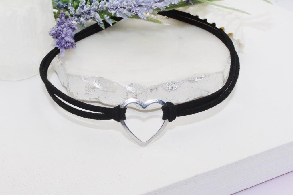 Heart Black Suede Rope Choker