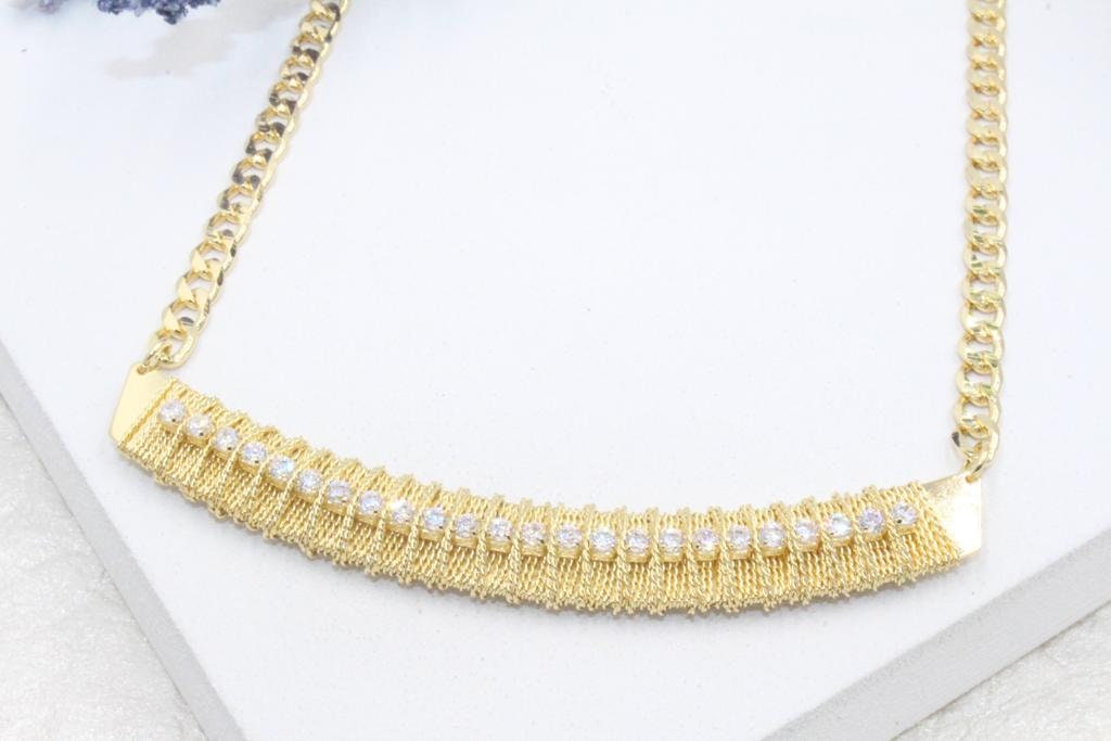 Gold Threaded Cubic Zirconia Accents Cuban Link Chain Necklace