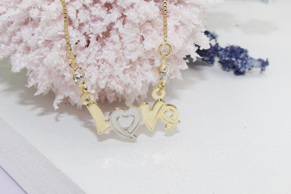 Two Tone "Love"  Plaque Cubic Zirconia Stone Accents Box Chain Necklace