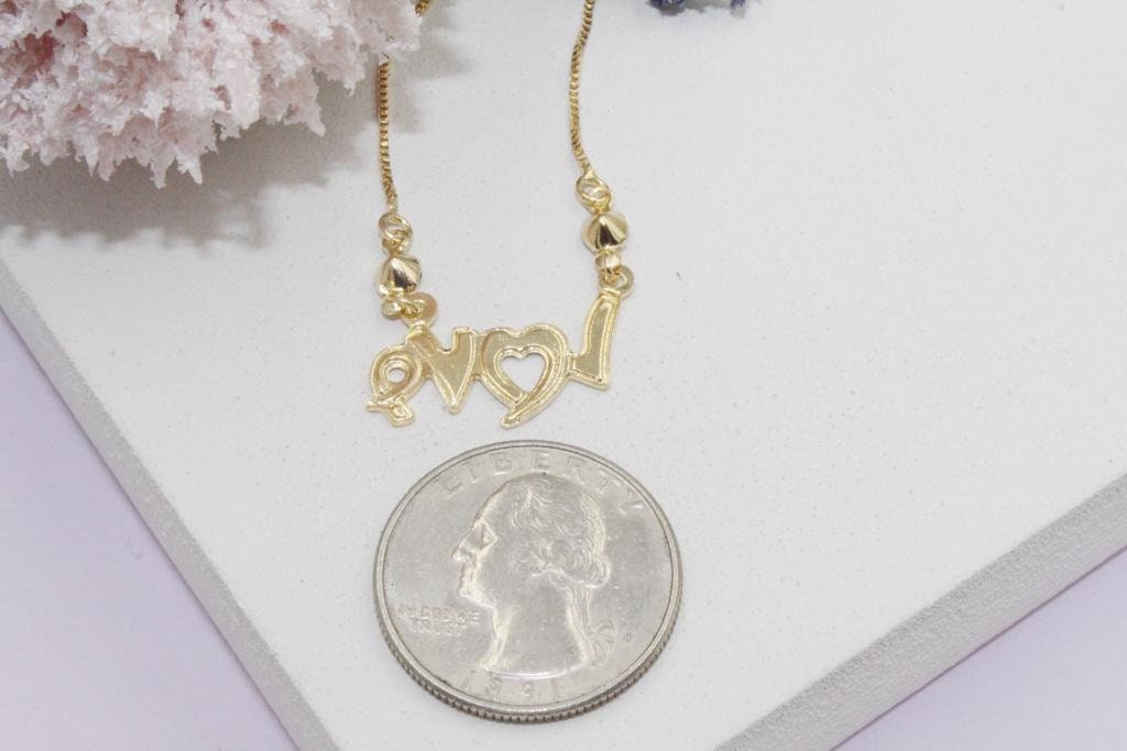 Two Tone "Love"  Plaque Cubic Zirconia Stone Accents Box Chain Necklace